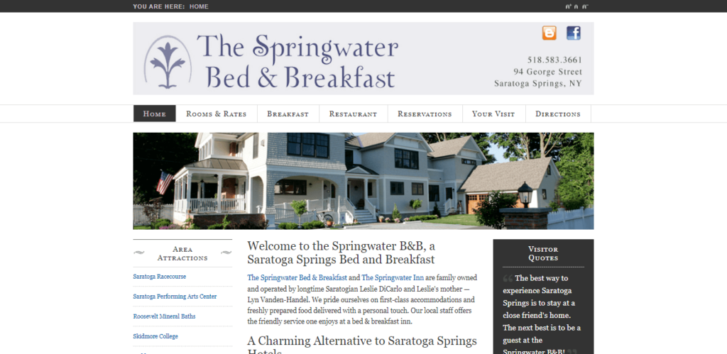 Homepage of Springwater Bed and Breakfast website / thespringwaterbandb.com