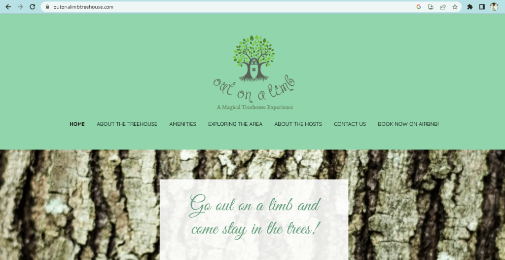Homepage of Out on A Limb Treehouse website / outonalimbtreehouse.com