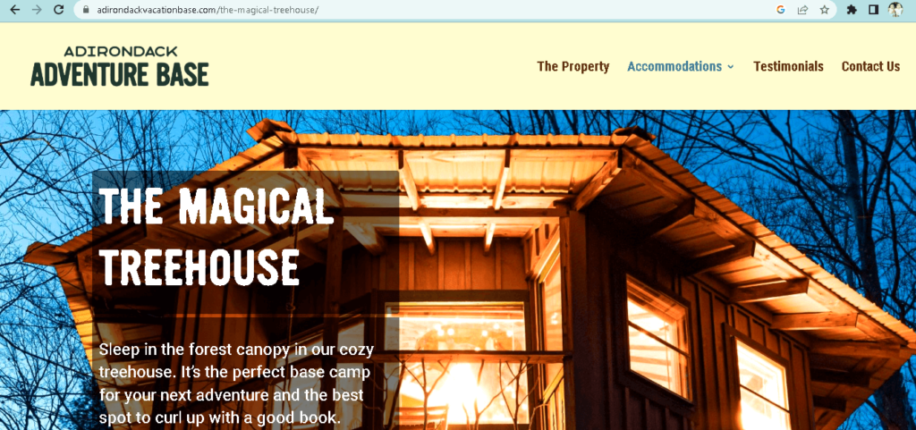 Homepage of the Magical Treehouse website / adirondackvacationbase.com