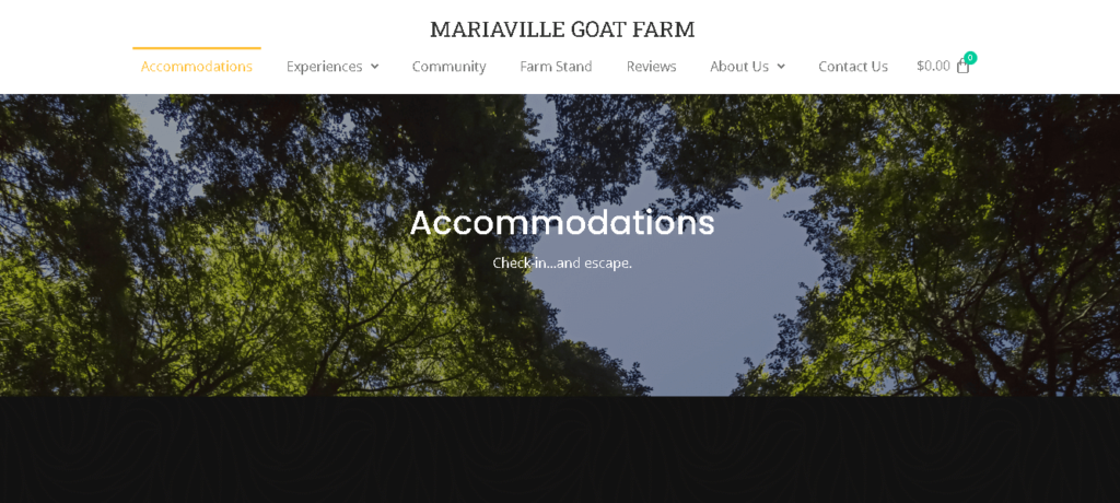 Homepage of Mariaville Goat Farm Treehouse Rental website / mariavillegoatfarm.com