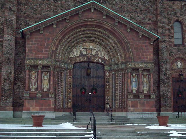 Exterior view of Blessed Trinity Church / Wikimedia Commons / Pubdog (talk)
Link: https://commons.wikimedia.org/wiki/File:Blessed_Trinity_Roman_Catholic_Church_Buffalo_NY_Entrance_Detail_Dec_09.JPG 
