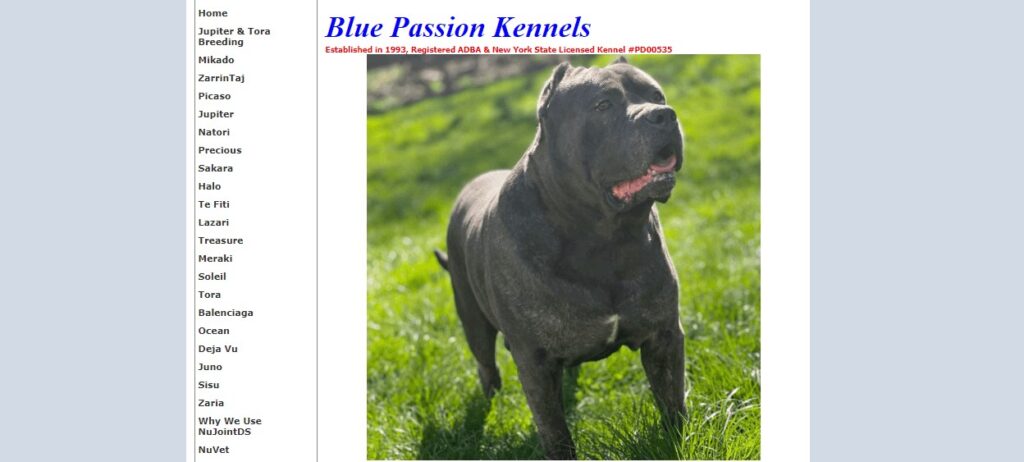 Homepage of Blue Passion Kennels 
Link: https://www.bluepassionkennel.com/Home.html