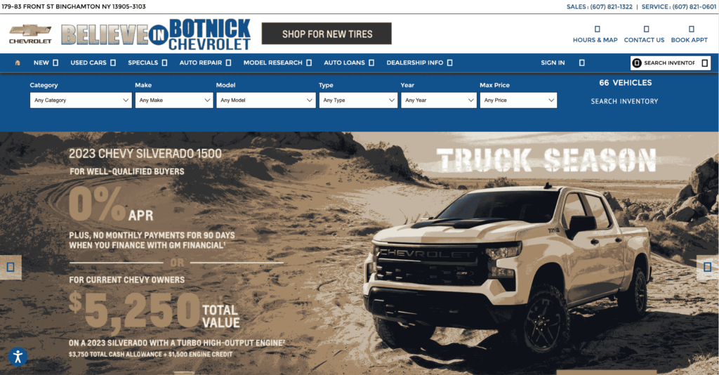 Homepage of Botnick Chevrolet Auto Sales / botnickchevy.com
Link: botnickchevy.com/?utm_source=google&utm_medium=organic&utm_campaign=googlemybusiness&utm_content=home