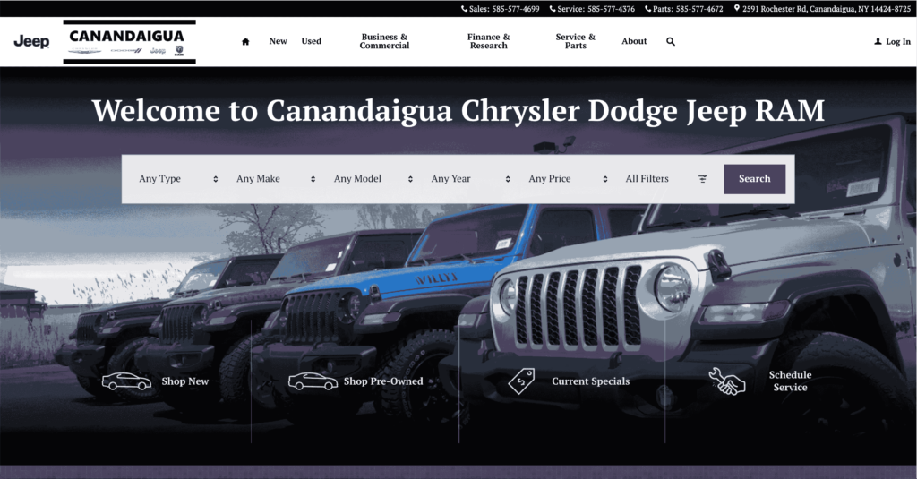 Homepage of Canandaigua Chrysler Dodge Jeep Ram / canandaiguacdjr.com
Link: https://www.canandaiguacdjr.com/?utm_source=google&utm_medium=organic&utm_campaign=gmb
