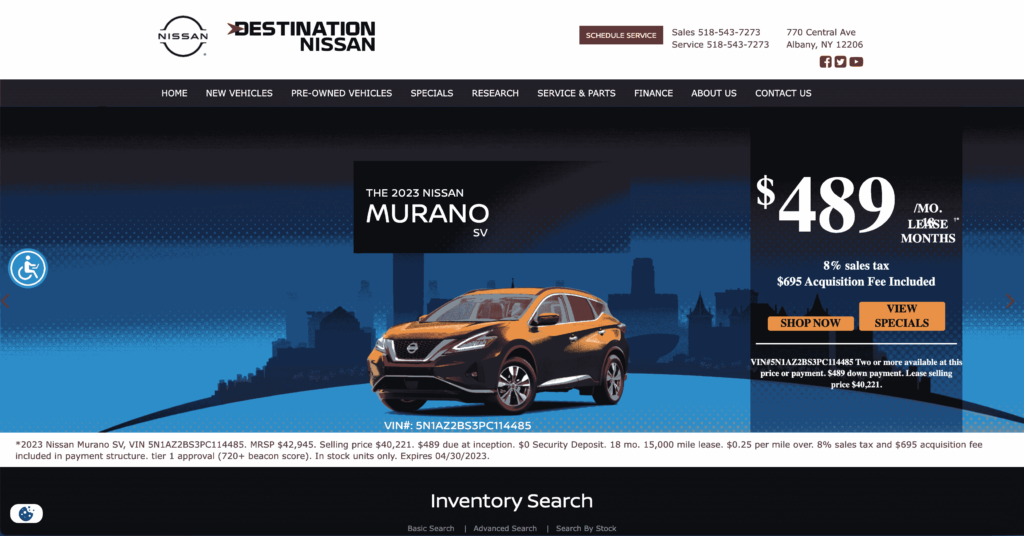 Homepage of Destination Nissan / destinationnissan.com
Link: https://www.destinationnissan.com/?utm_source=google&utm_medium=organic&utm_campaign=google_my_business&gclid=EAIaIQobChMIsIn_j56T_gIVU5BoCR2VJgTaEBAYAiAEEgJhwvD_BwE