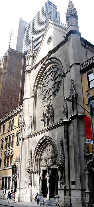 Exterior view of St Mary the Virgin Church / Wikipedia / Americasroof 
Link: https://en.wikipedia.org/wiki/Church_of_St._Mary_the_Virgin_(Manhattan)#/media/File:Church_of_St._Mary_the_Virgin_139_West_46th_Street.jpg 
