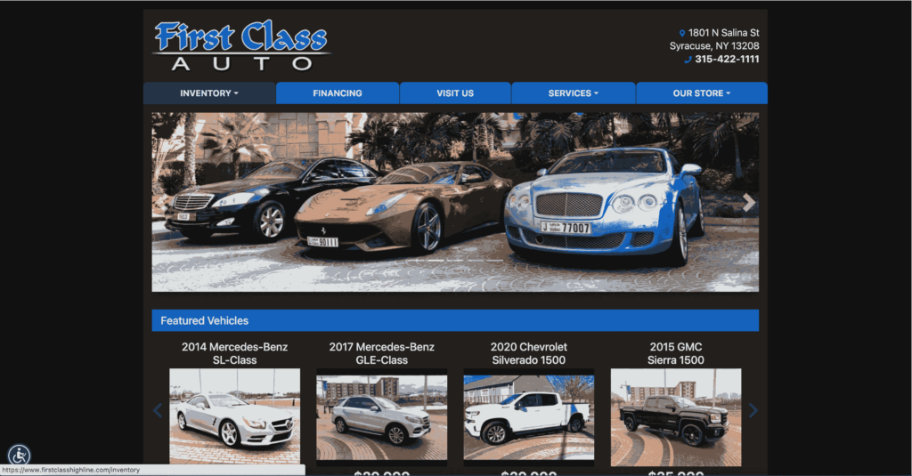 Homepage of First Class Auto, Inc. / firstclasshighline.com
Link: https://www.firstclasshighline.com/