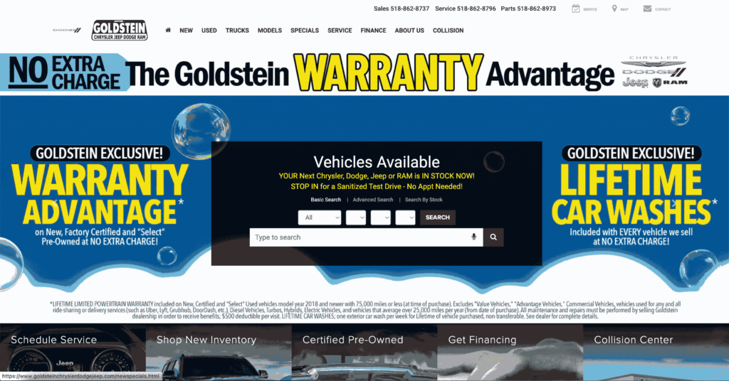 Homepage of Goldstein Chrysler Jeep Dodge RAM / goldsteinchryslerdodgejeep.com
Link: https://www.goldsteinchryslerdodgejeep.com/?utm_source=GMB%20listing&utm_medium=organic&utm_campaign=GMB%20organic