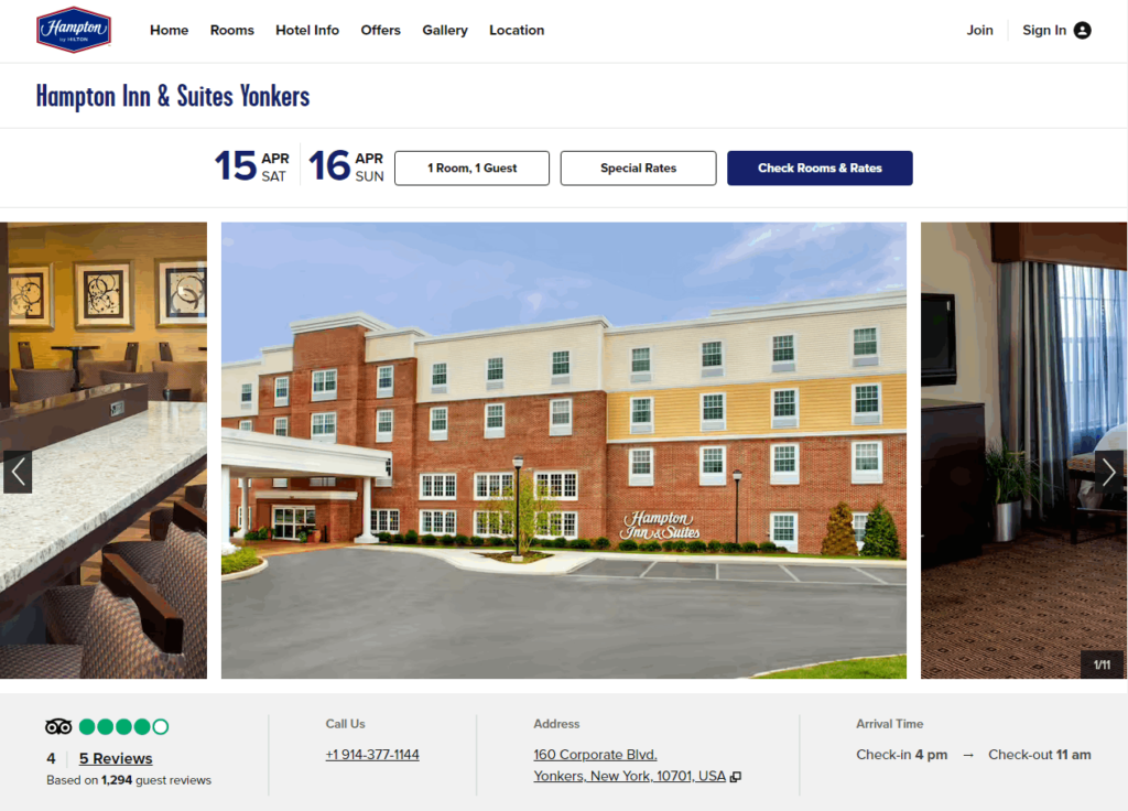 Homepage of Hampton Inn & Suites Yonkers / hilton.com/en/hotels/nycynhx-hampton-suites-yonkers/
