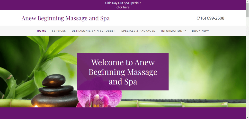 Homepage of Anew Beginning Massage & Spa website / anewbeginningny.com 