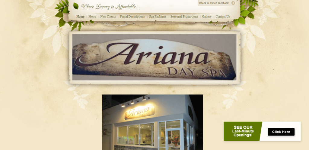 Homepage of Ariana Day Spa website / arianadayspa.com
