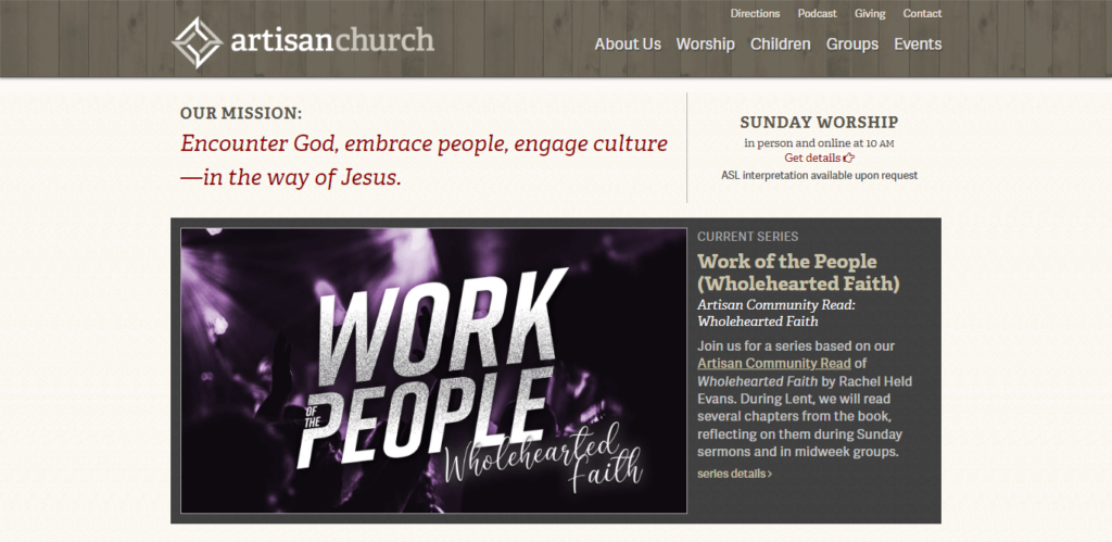 Homepage of Artisan Church website / artisanchurch.com 