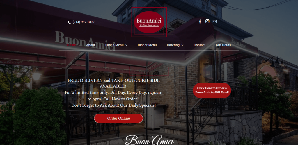 Homepage of Buon Amici Italian Restaurant website / buonamicirestaurant.com