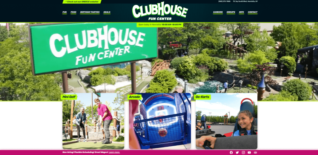 Homepage of Clubhouse Fun Center website / clubhousefuncenter.com 
