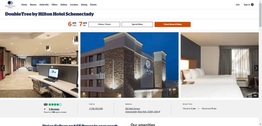 Homepage of DoubleTree by Hilton Hotel Schenectady website / hilton.com    
