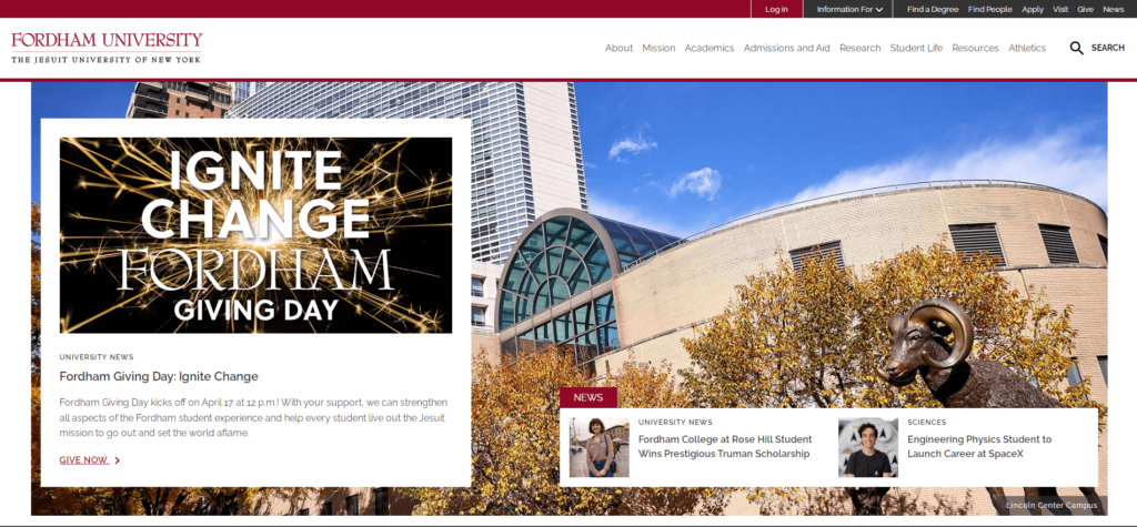 Homepage of Fordham University 
URL: https://www.fordham.edu