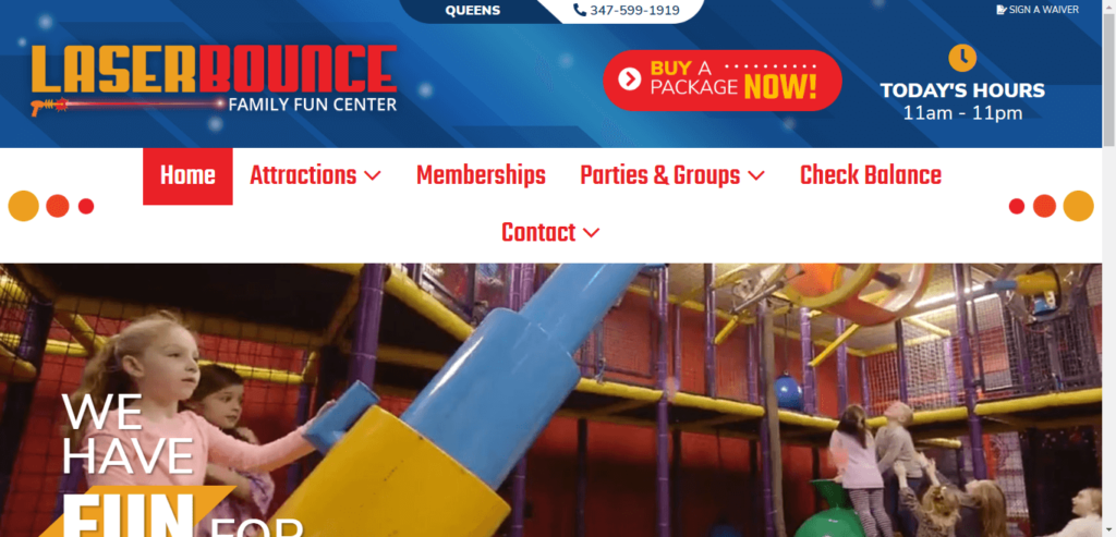 Homepage of Laser Bounce- Family Fun Center website / queens.laserbounce.com