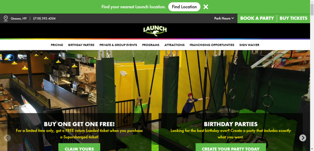 Homepage of Launch Trampoline Park Queens website / launchtrampolinepark.com   
