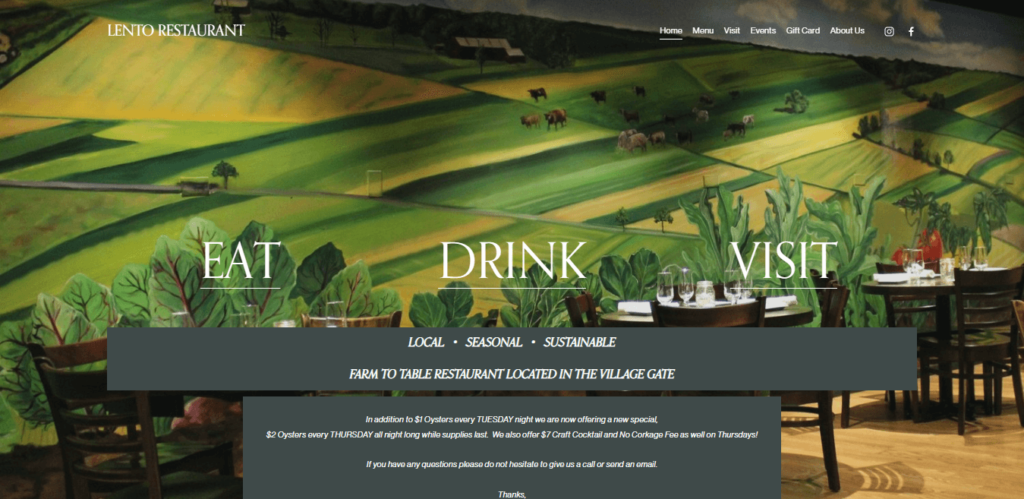Homepage of Lento website / lentorestaurant.com 