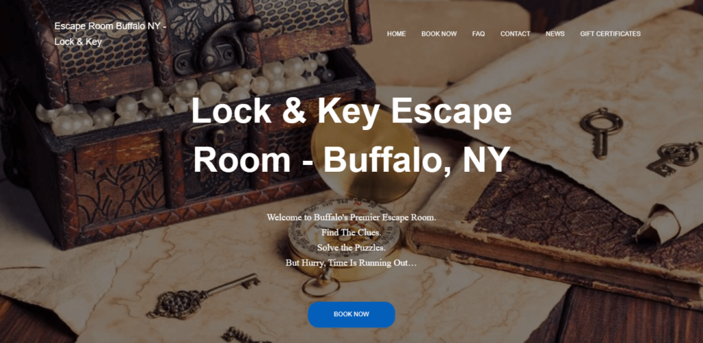 Homepage of Lock & Key Escape Room website / buffaloescaperooms.com