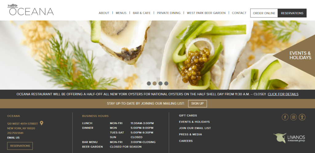Homepage of Oceana seafood website / oceanarestaurant.com