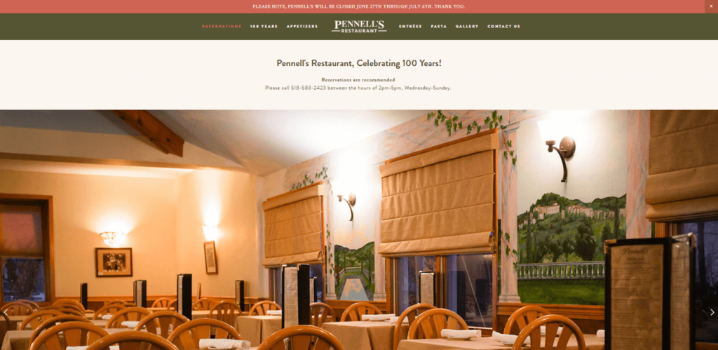 Homepage of Pennel’s Kitchen website / pennellsrestaurant.com 