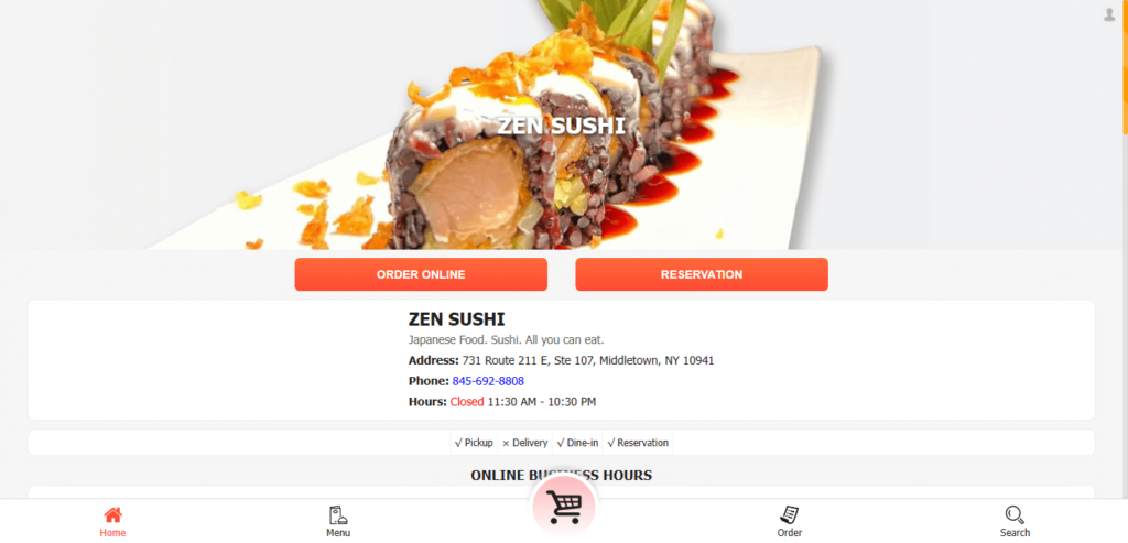 Homepage of Zen Sushi website / zensushiny.com 