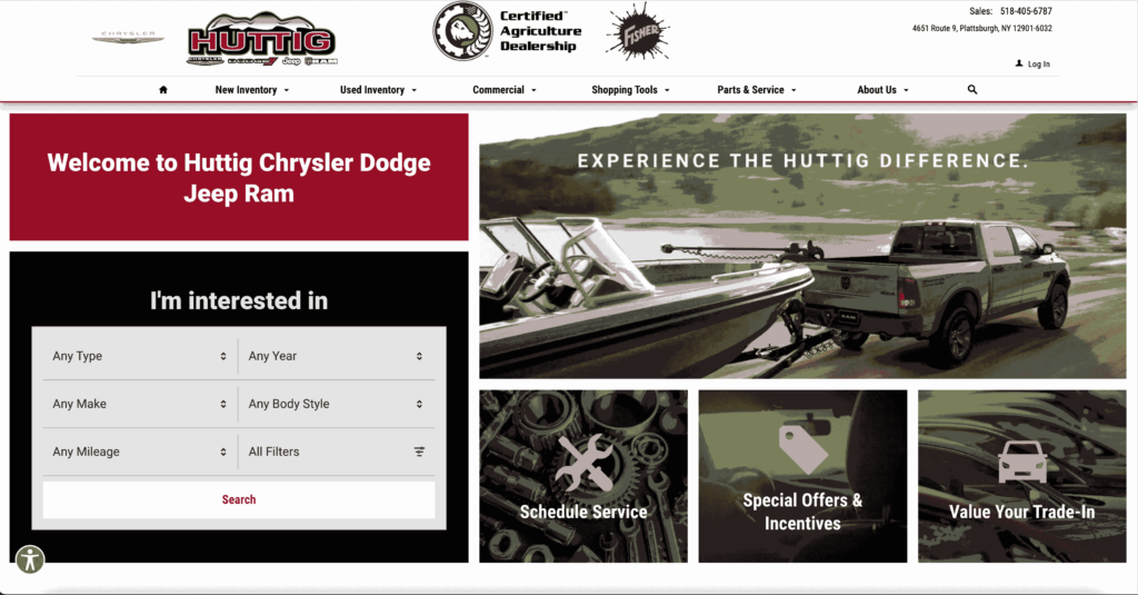 Homepage of Huttig Chrysler Dodge Jeep Ram / huttigcdjr.com
Link: https://www.huttigcdjr.com/?utm_source=google&utm_medium=organic&utm_campaign=google_my_business
