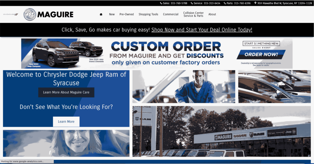 Homepage of Maguire Chrysler Dodge Jeep Ram of Syracuse / maguirechryslerdodgejeepramofsyracuse.com
Link: https://www.maguirechryslerdodgejeepramofsyracuse.com/