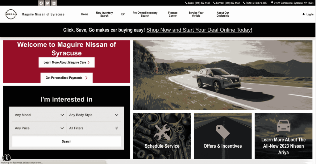 Homepage of Maguire Nissan of Syracuse / maguirenissanofsyracuse.com
Link: http://www.maguirenissanofsyracuse.com/
