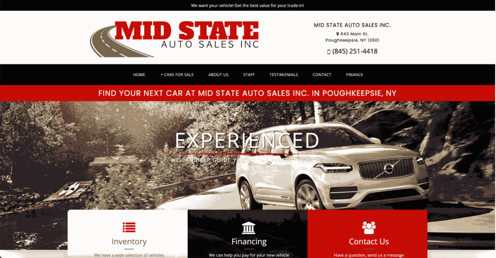 Homepage of Mid State Auto Sales Inc. & Auto Repair / midstateautony.com
Link: https://www.midstateautony.com/