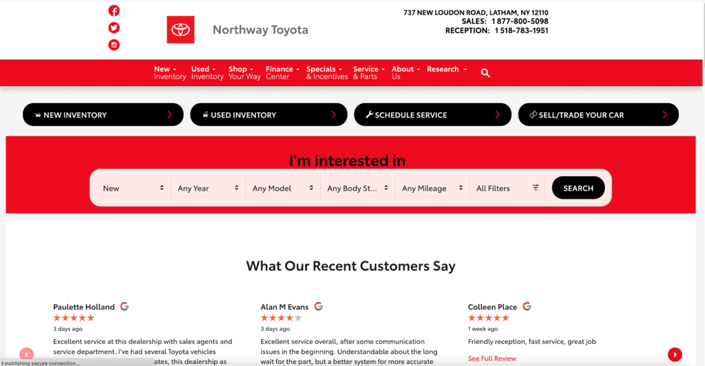 Homepage of Northway Toyota / northwaytoyota.com
Link: https://www.northwaytoyota.com/?utm_source=google&utm_medium=organic&utm_campaign=google_my_business&utm_content=website_button