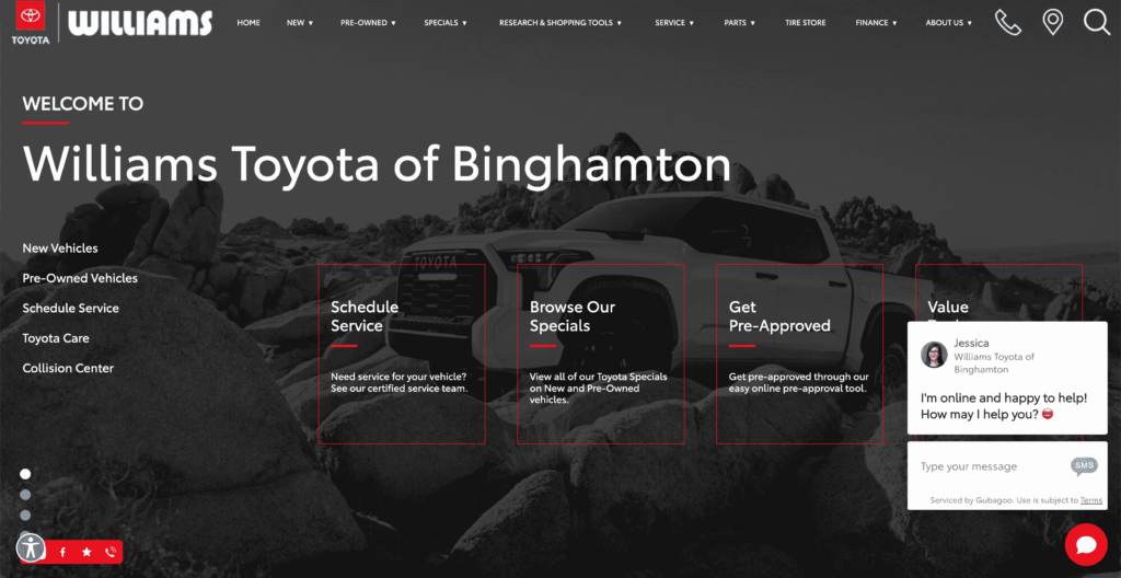 Homepage of Williams Toyota of Binghamton / williamstoyotaofbinghamton.com
Link: https://www.williamstoyotaofbinghamton.com/