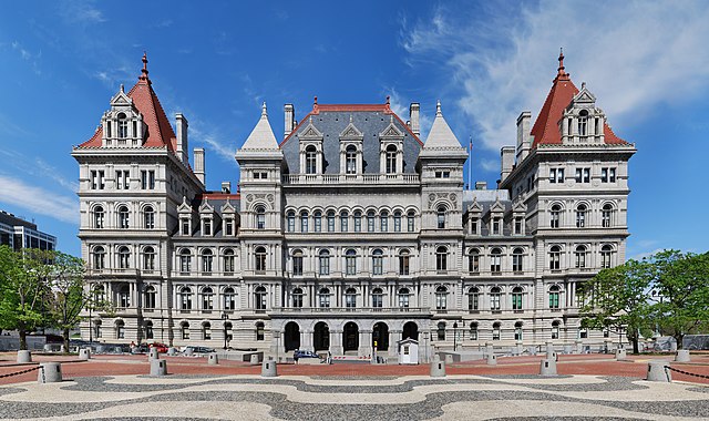 Exterior view of New York State Capitol / Wikipedia / Matt H. Wade
Link: https://en.wikipedia.org/wiki/New_York_State_Capitol#/media/File:NYSCapitolPanorama.jpg 
