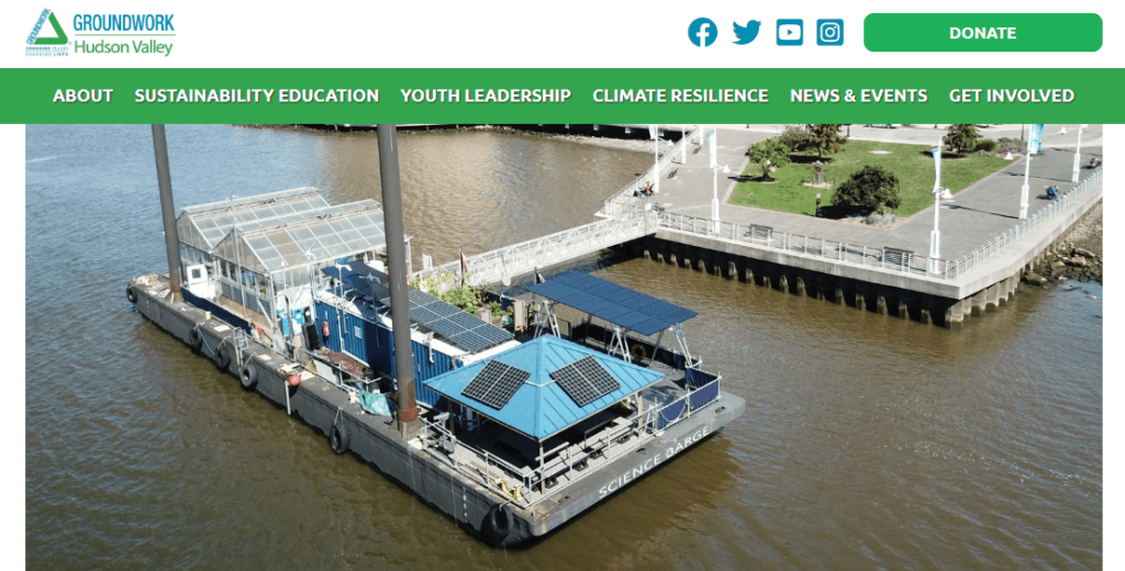 Homepage of the Groundwork Hudson Science Barge website /
Link: https://www.groundworkhv.org/programs/sustainability-education/science-barge/