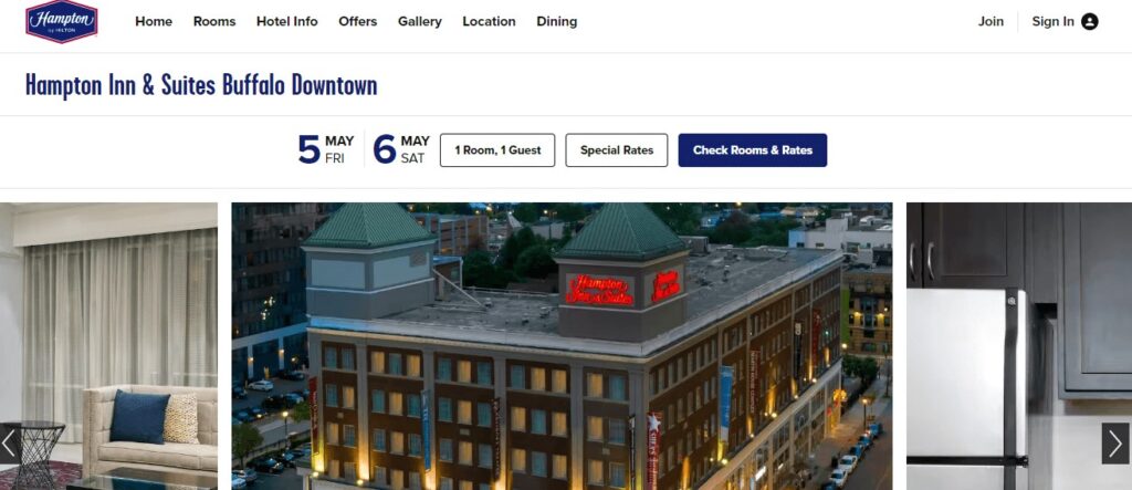 Homepage of Hampton Inn & Suites Buffalo Downtown website 
Link: https://www.hilton.com/en/hotels/bufdthx-hampton-suites-buffalo-downtown//
