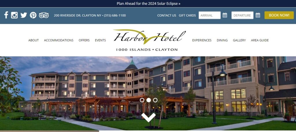 Homepage of 1000 Islands Harbor Hotel / Link: https://www.1000islandsharborhotel.com/