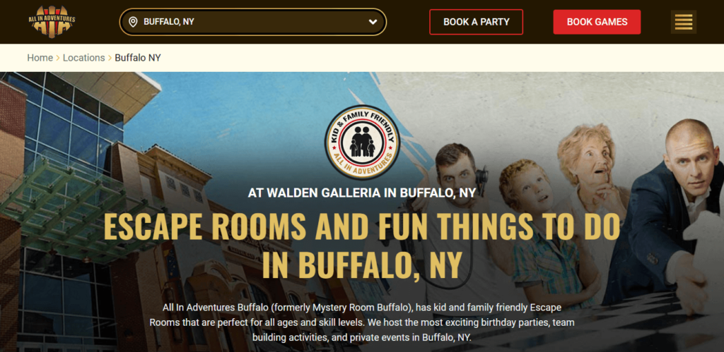 Homepage of All in Adventures Buffalo website / allinadventures.com    