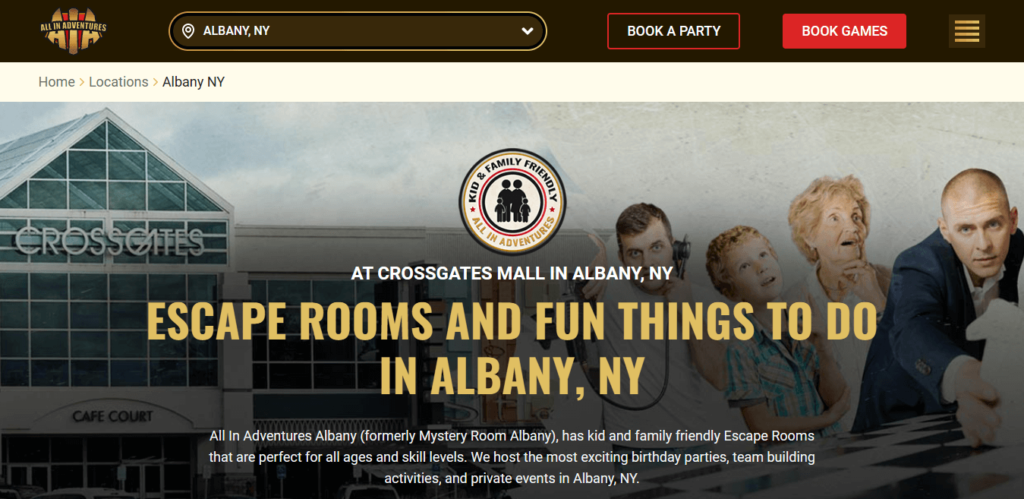 Homepage of All in Adventures Escape Room website / allinadventures.com 