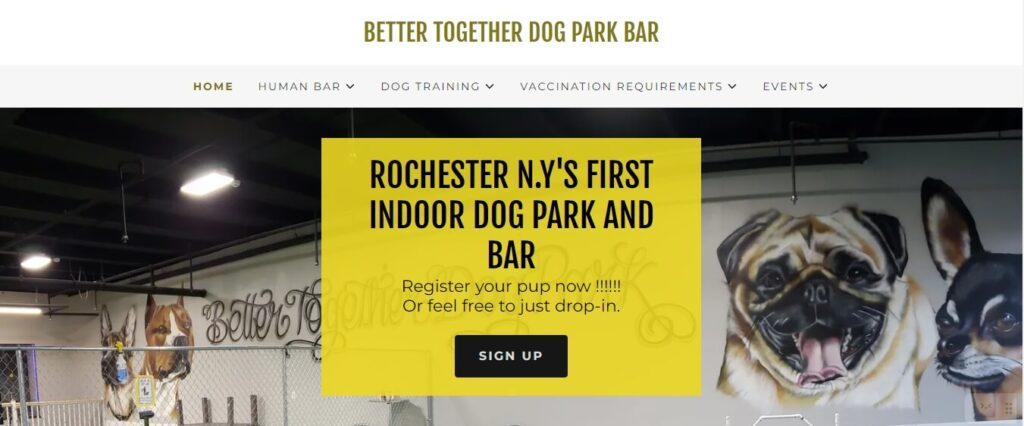 Homepage of Better Together Dog Park Bar / Link: https://bettertogetherdogpark.com/