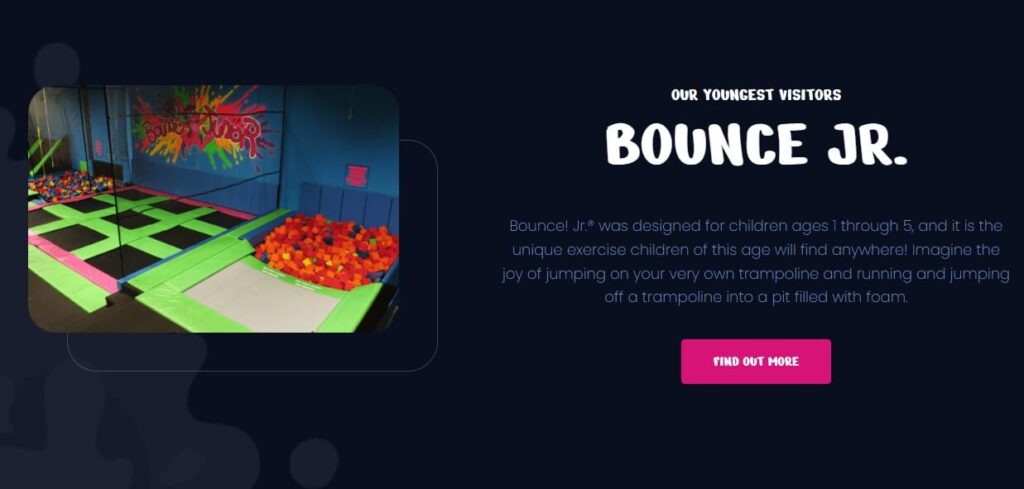 Homepage of Bounce Trampoline Sports / Link: https://bouncevalleycottage.com/
