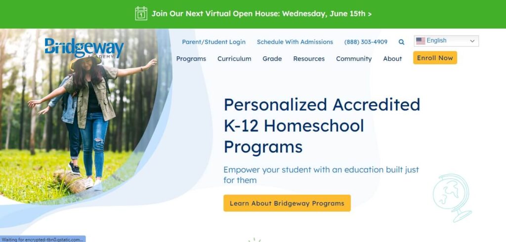 Homepage of Bridgeway Academy / Link: https://homeschoolacademy.com/