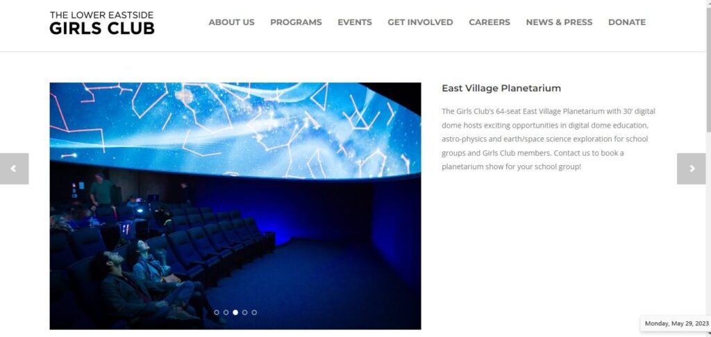 Homepage of East Village Planetarium / Link: https://www.girlsclub.org/programs/east-village-planetarium/