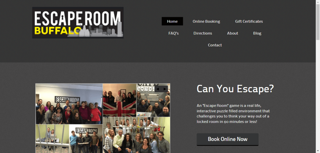 Homepage of Escape Room Buffalo website / escaperoomwny.com 