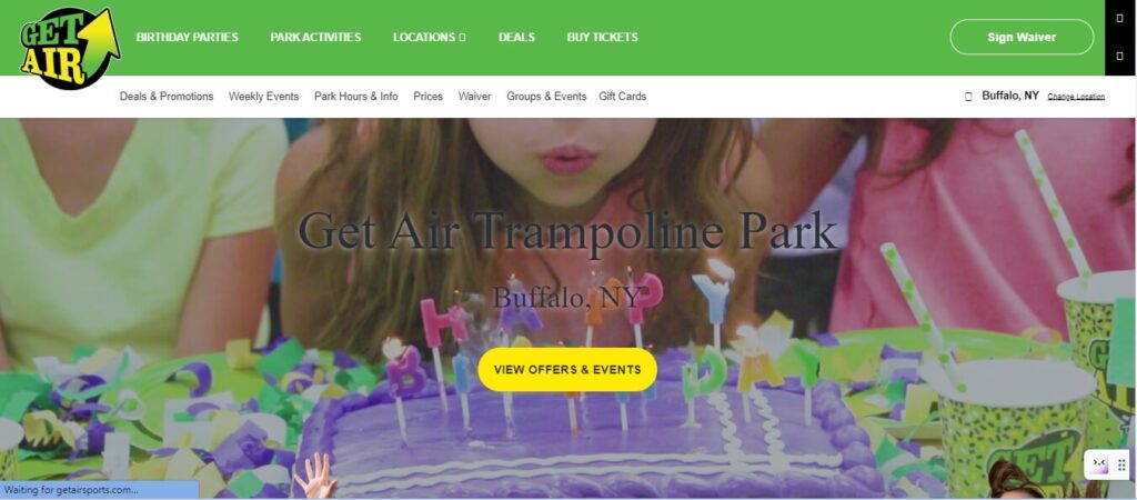 Homepage of Get Air Trampoline Park / Link: https://getairsports.com/
