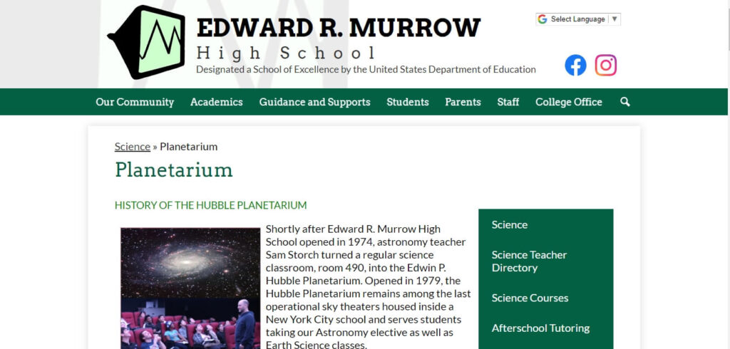 Homepage of Hubble Planetarium at Edward R. Murrow High School / Link: https://www.ermurrowhs.org/apps/pages/index.jsp?uREC_ID=2089594&type=d&pREC_ID=2138879