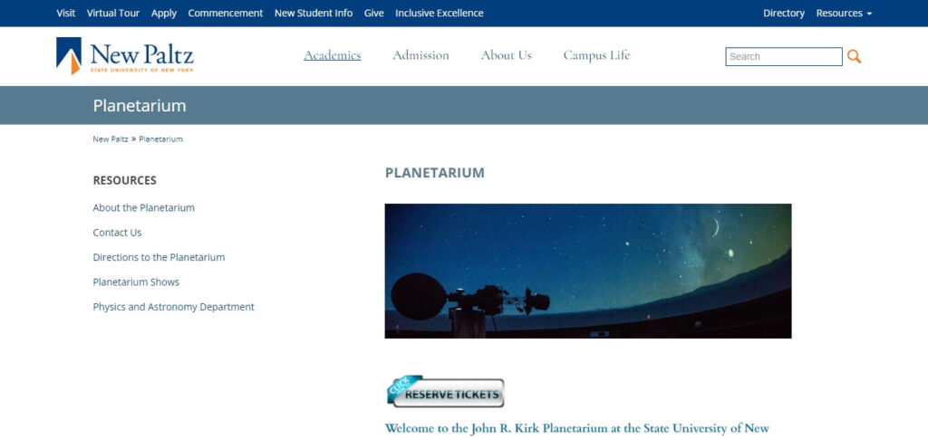 Homepage of John R. Kirk Planetarium at the State University of New York / Link: https://www.newpaltz.edu/planetarium/