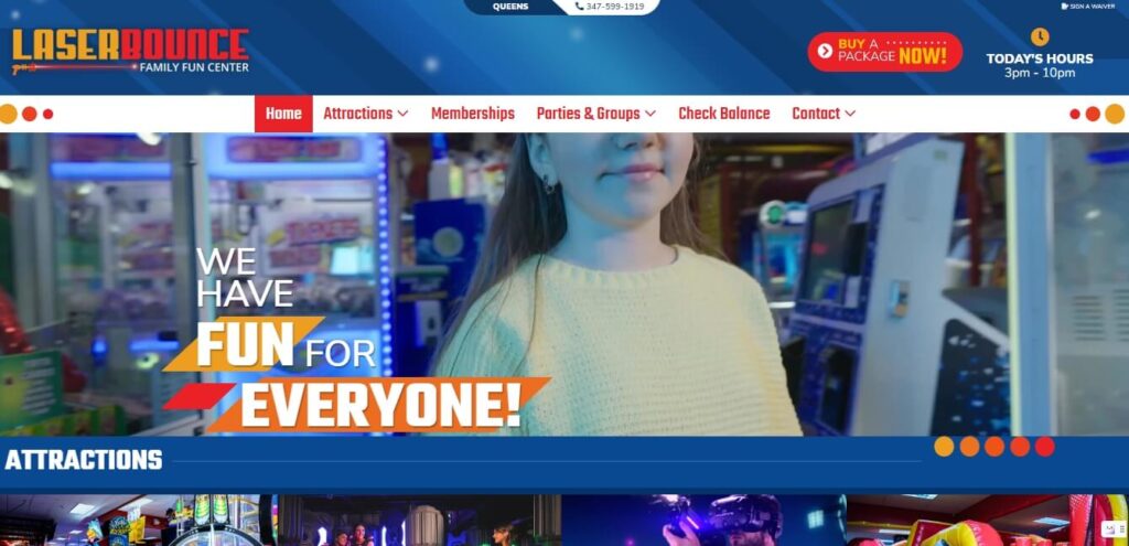 Homepage of Laser Bounce – Family Fun Center / Link: https://queens.laserbounce.com/