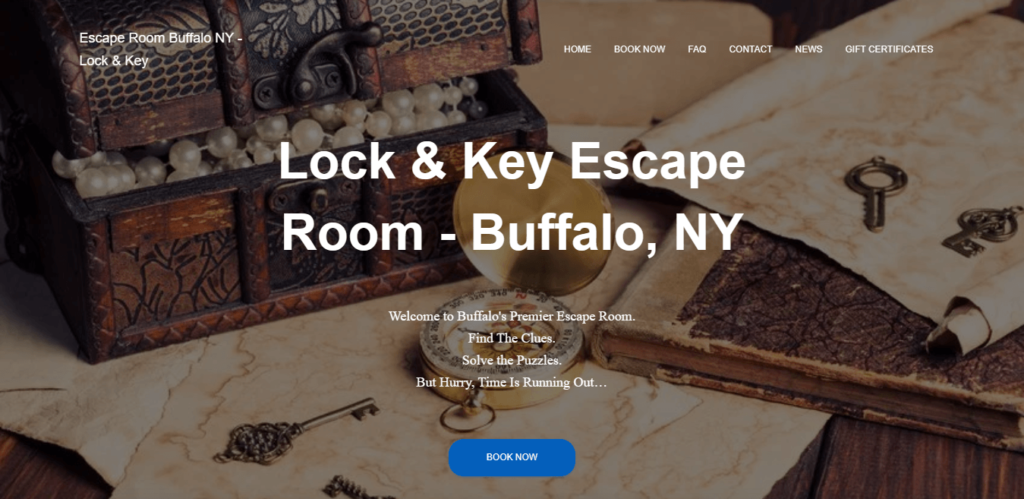 Homepage of Lock and Key Escape Room website / buffaloescaperooms.com