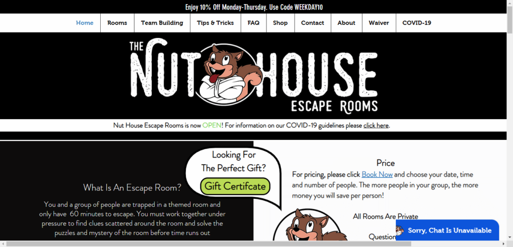 Homepage of Nut House Escape Rooms website / nuthouseescaperooms.com 